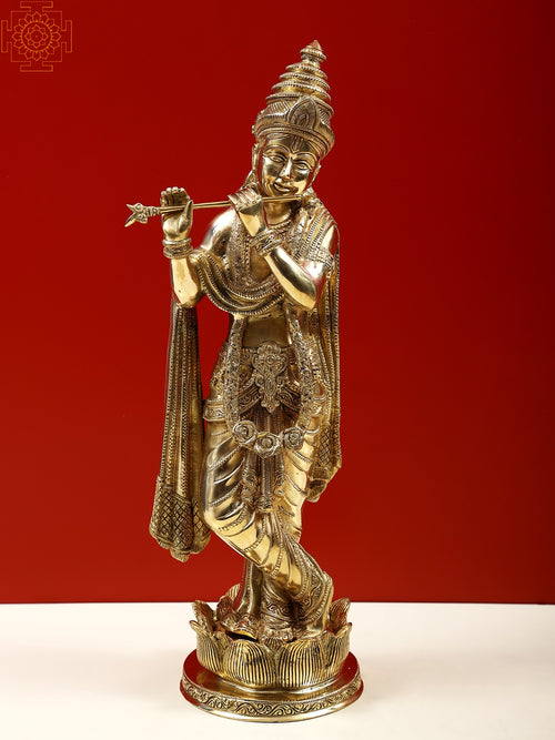 17" Brass Lord Krishna Playing Flute Statue with Lotus Pedestal