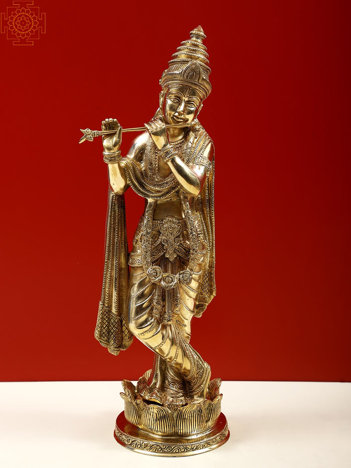 17" Brass Lord Krishna Playing Flute Statue with Lotus Pedestal