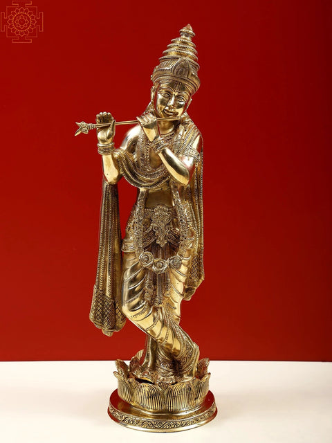 17" Brass Lord Krishna Playing Flute on Lotus Pedestal