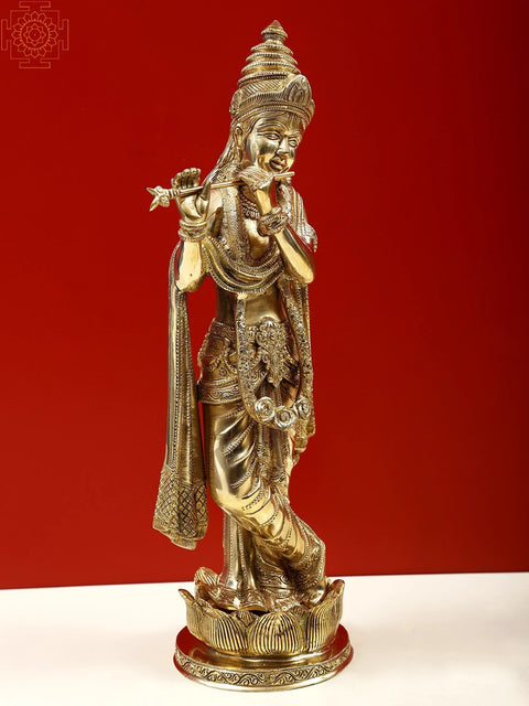 17" Brass Lord Krishna Playing Flute on Lotus Pedestal