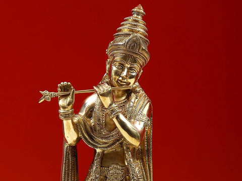 17" Brass Lord Krishna Playing Flute on Lotus Pedestal