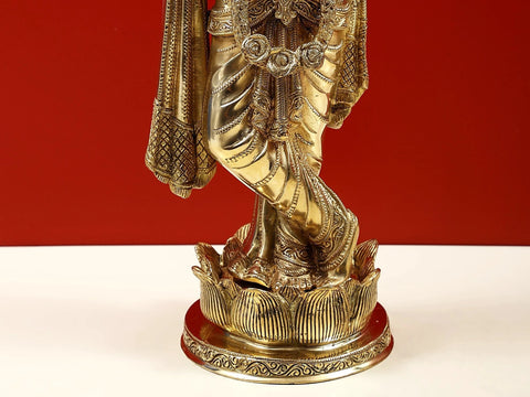 17" Brass Lord Krishna Playing Flute on Lotus Pedestal