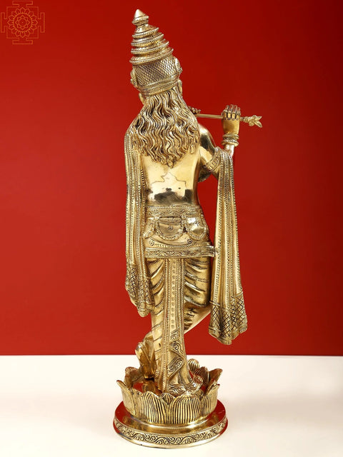 17" Brass Lord Krishna Playing Flute on Lotus Pedestal