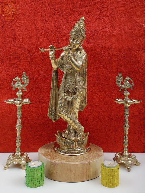 17" Brass Lord Krishna Playing Flute on Lotus Pedestal