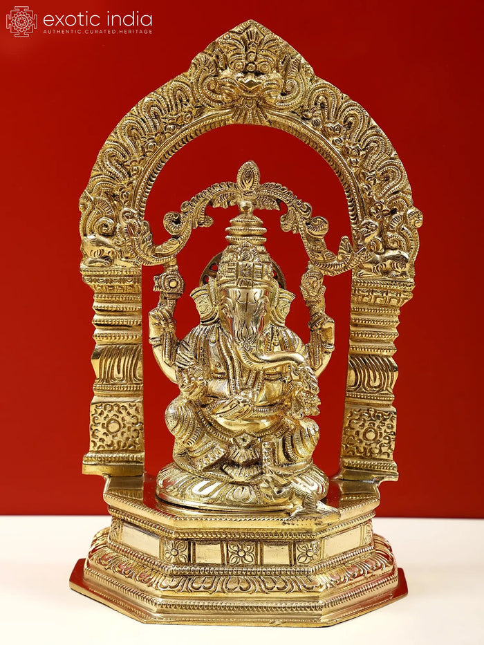 9" Brass Lord Ganesha Statue on Pedestal with Kirtimukha Prabhavali
