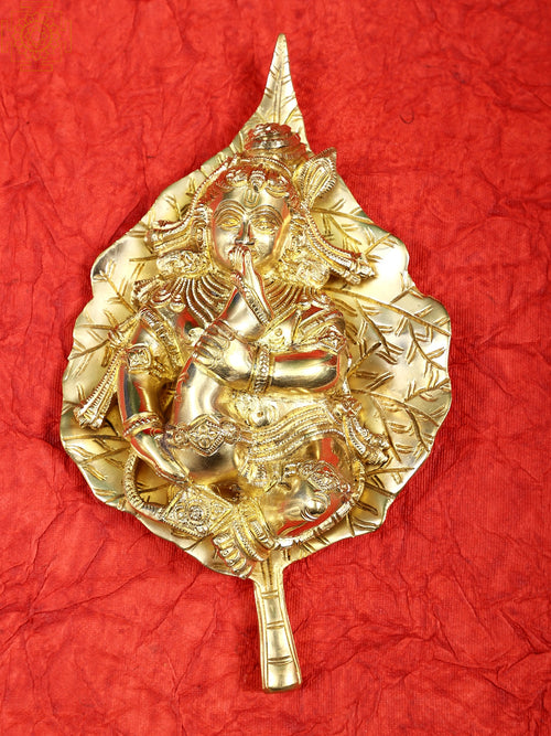 9" Baby Krishna on Peepal Leaf Brass Wall Hanging for Pooja