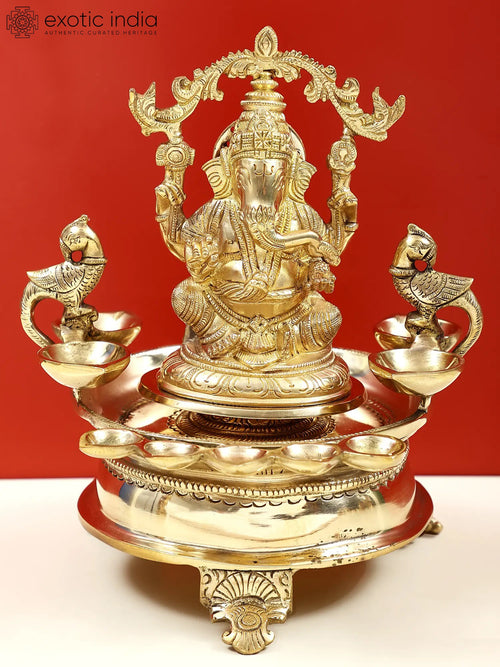 8" Brass Ganesha Nine-Wick Oil Lamp for Pooja