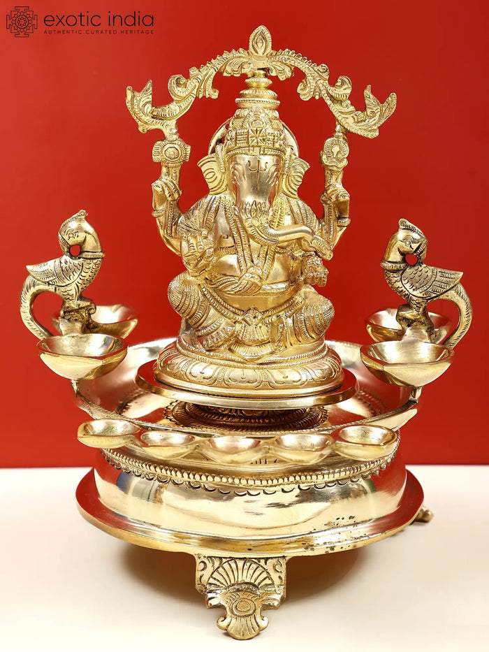 8" Brass Ganesha Nine-Wick Oil Lamp for Pooja