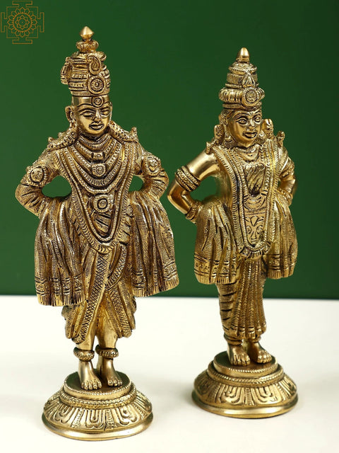 8" Lord Vitthal & Goddess Rukmini Brass Sculpture on Pedestal - Divine Home Decor