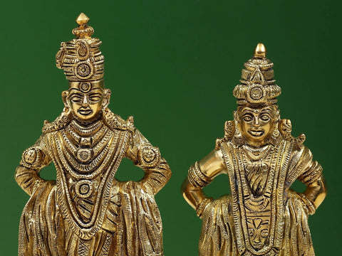 8" Lord Vitthal & Goddess Rukmini Brass Sculpture on Pedestal - Divine Home Decor