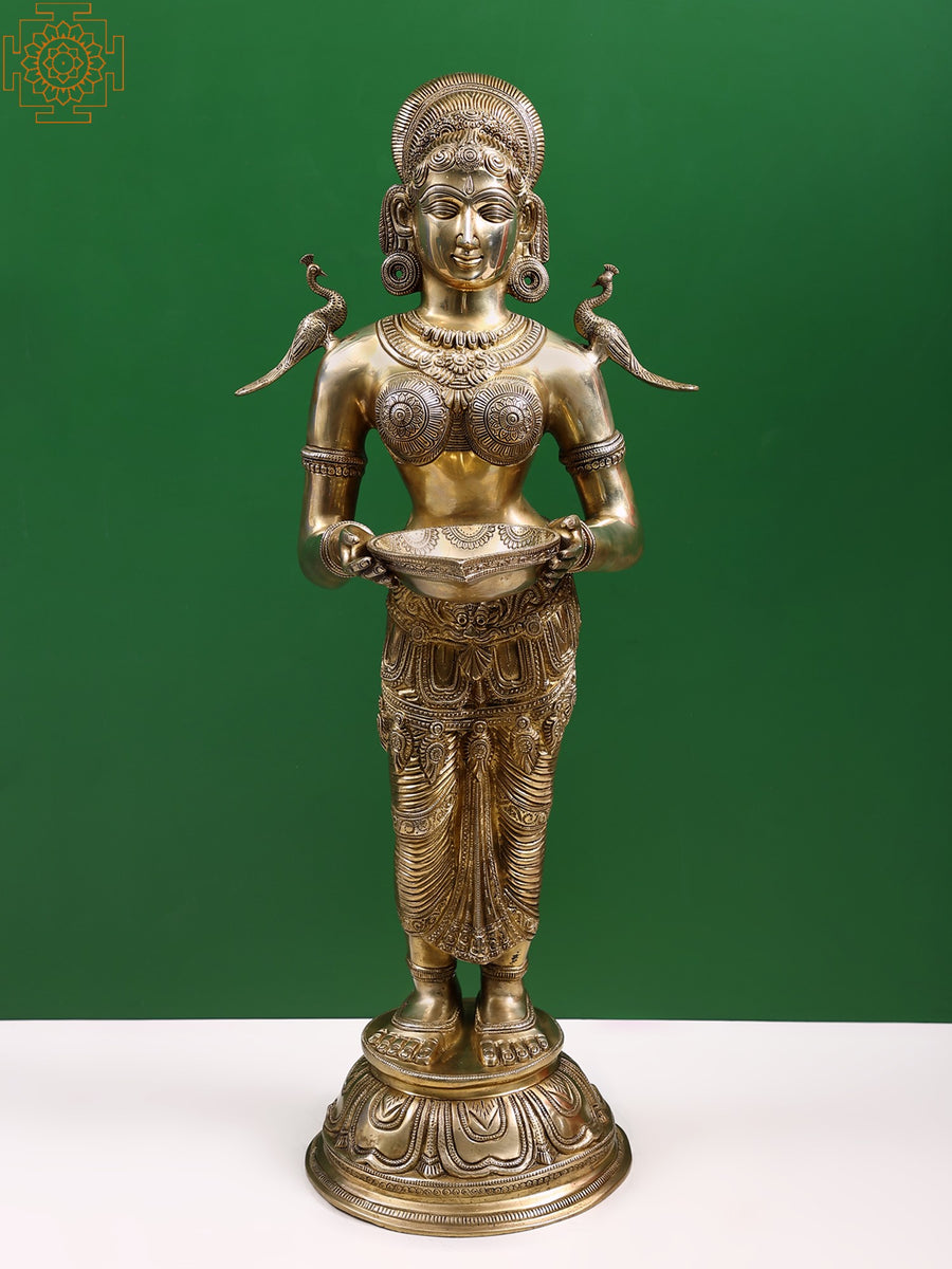 30" Brass Paavai Vilakku Lakshmi Oil Lamp Handmade