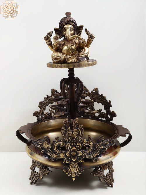 20" Brass Lord Ganesha Urli Sculpture for Home Decor