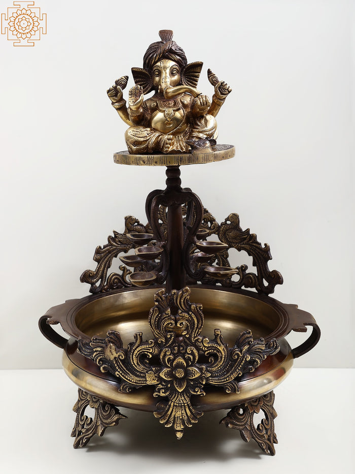20" Brass Lord Ganesha Urli Sculpture for Home Decor