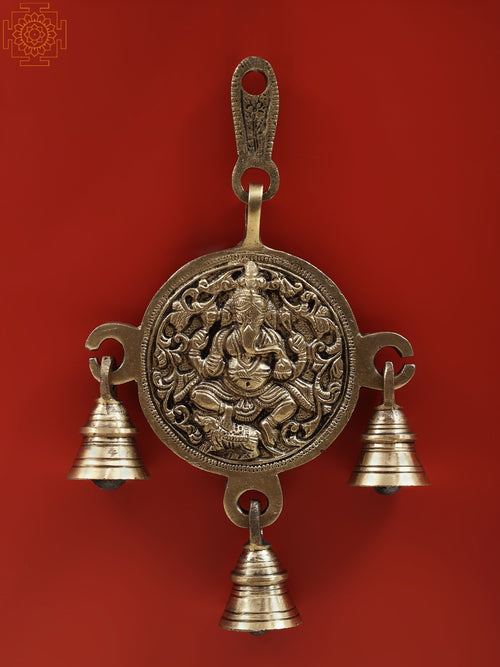 8" Lord Ganesha Brass Wall Hanging Bell with Decorative Loop