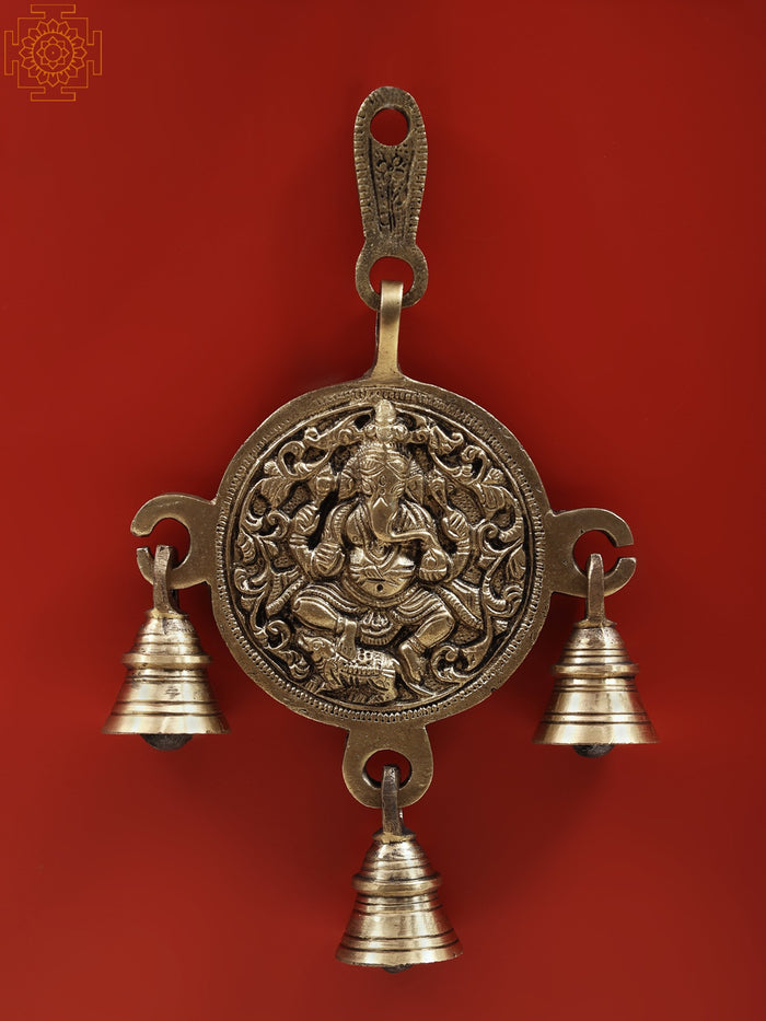 8" Lord Ganesha Brass Wall Hanging Bell with Decorative Loop