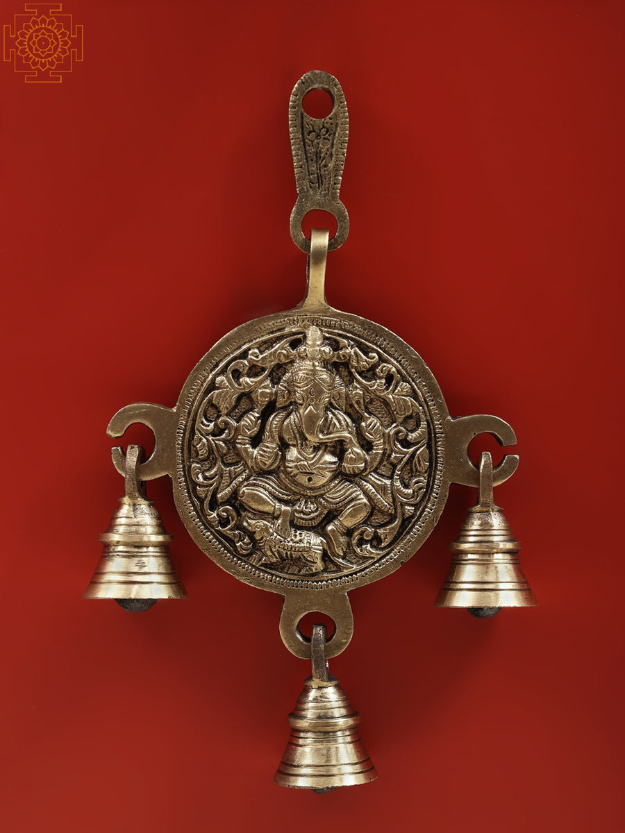 8" Lord Ganesha Brass Wall Hanging Bell with Decorative Loop