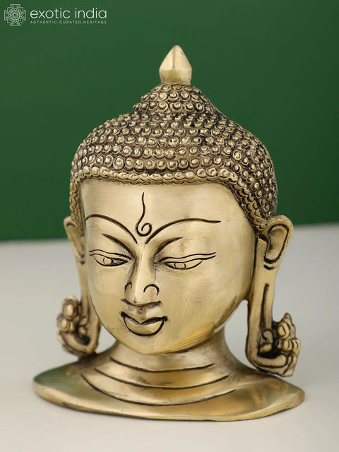 6" Small Brass Buddha Head Wall Hanging Statue