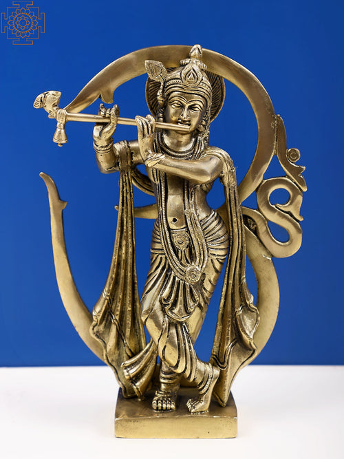 8" Brass Lord Krishna Fluting Statue with Om Backdrop