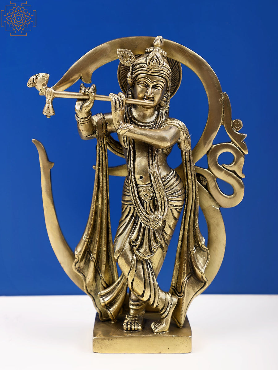 8" Brass Lord Krishna Fluting Statue with Om Backdrop