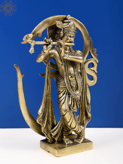 8" Brass Fluting Lord Krishna, Against The Backdrop Of Om