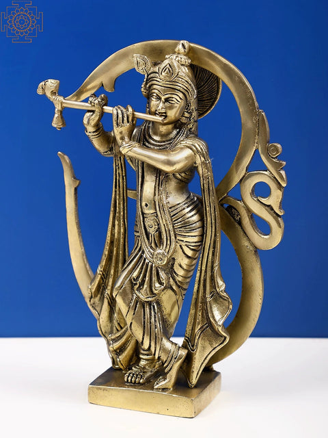 8" Brass Fluting Lord Krishna, Against The Backdrop Of Om