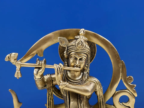 8" Brass Fluting Lord Krishna, Against The Backdrop Of Om