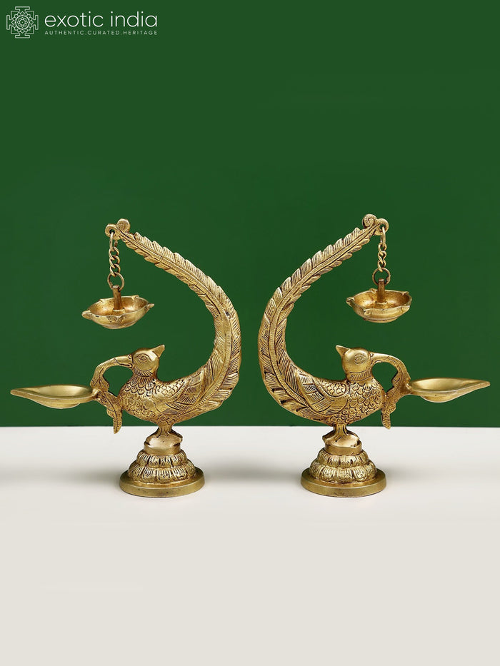 8" Brass Peacock Diya Lamp with Five Wicks and Hanging Loop