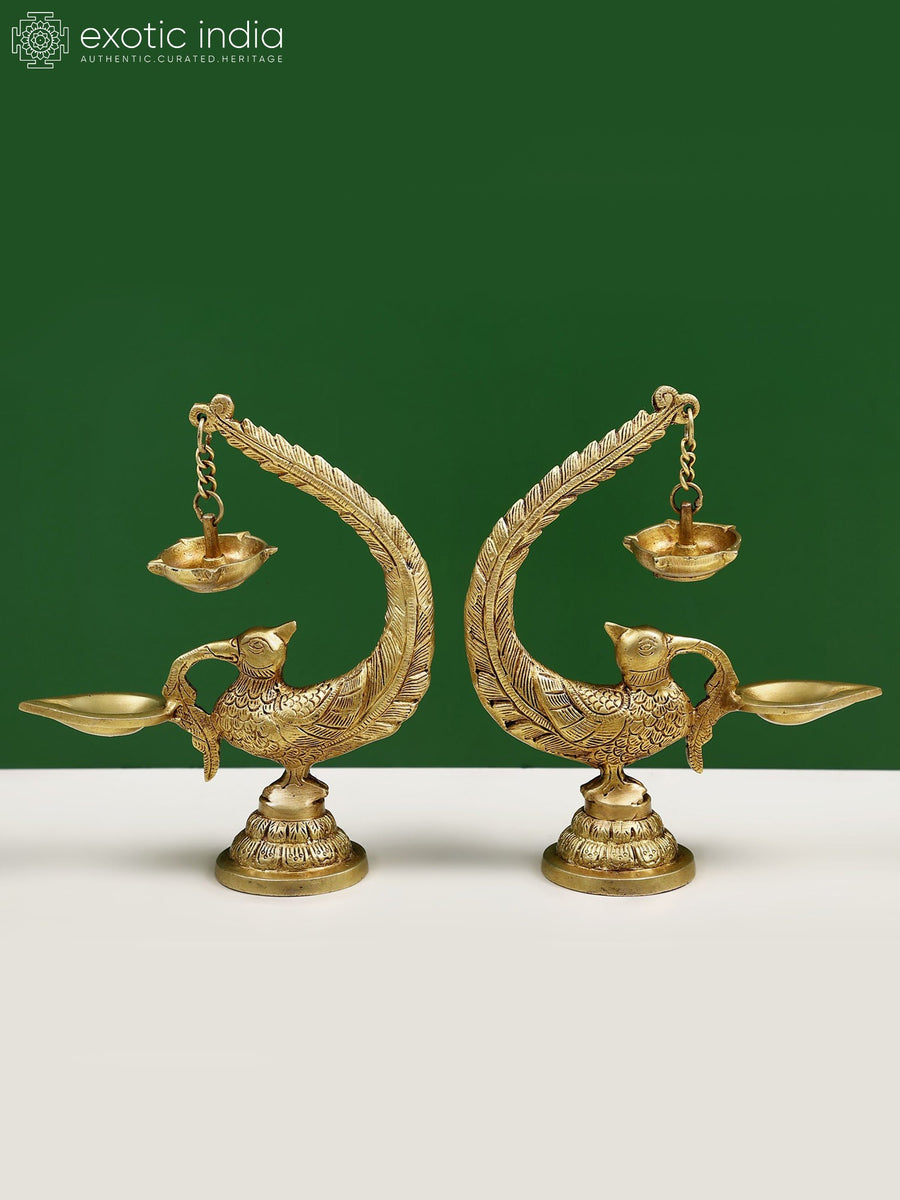 8" Brass Peacock Diya Lamp with Five Wicks and Hanging Loop