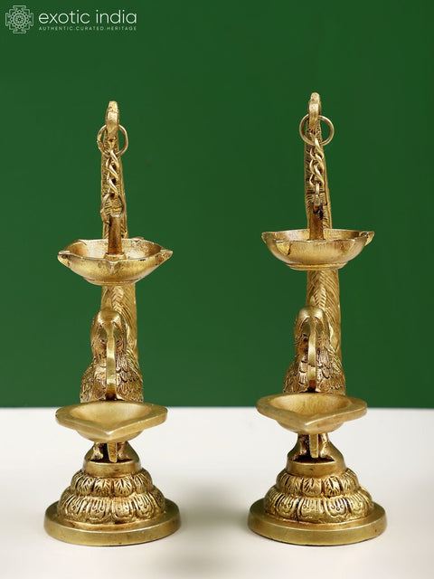 8" Brass Pair of Peacock Lamp with Five Wicks Diya Hanging on Peacock's Tail