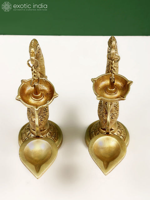 8" Brass Pair of Peacock Lamp with Five Wicks Diya Hanging on Peacock's Tail