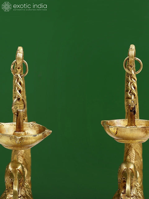 8" Brass Pair of Peacock Lamp with Five Wicks Diya Hanging on Peacock's Tail