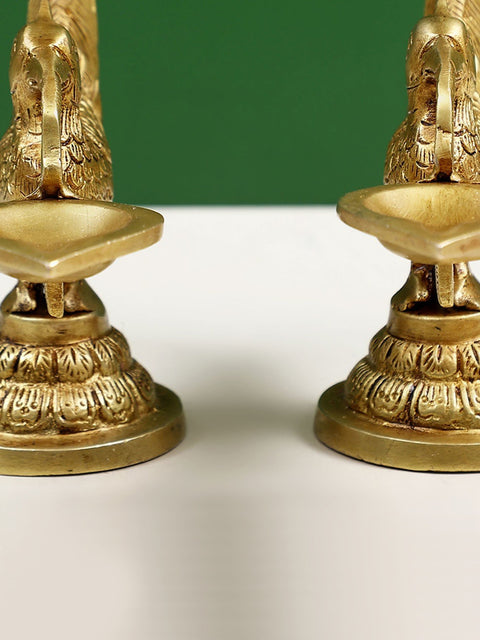 8" Brass Pair of Peacock Lamp with Five Wicks Diya Hanging on Peacock's Tail