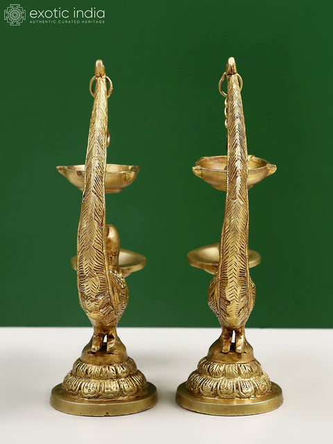 8" Brass Pair of Peacock Lamp with Five Wicks Diya Hanging on Peacock's Tail
