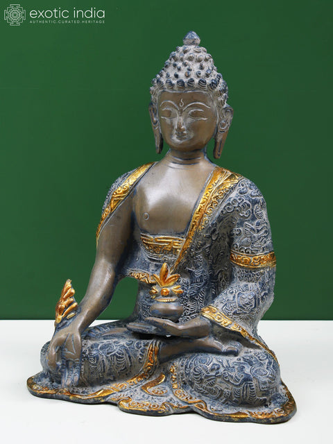 10" Brass Medicine Buddha Idol with Bowl of Medicinal Herbs