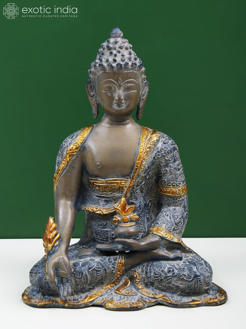 10" Brass Medicine Buddha Idol with Healing Herbs Bowl