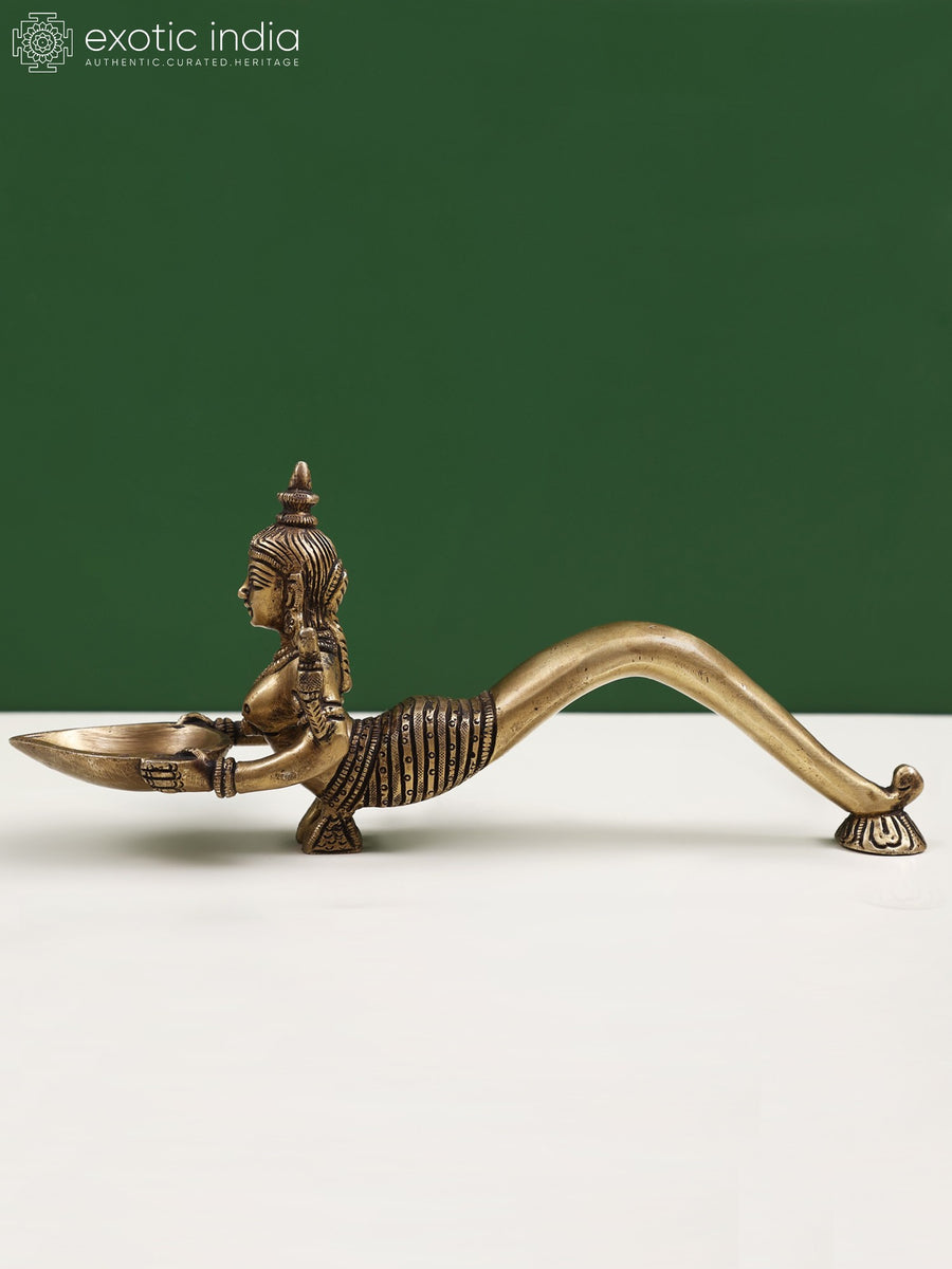 10" Brass Aarti Diya with Lady Shape Handle for Pooja