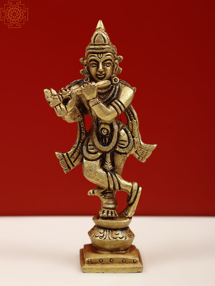 4" Small Brass Lord Krishna Idol Playing Flute Handmade