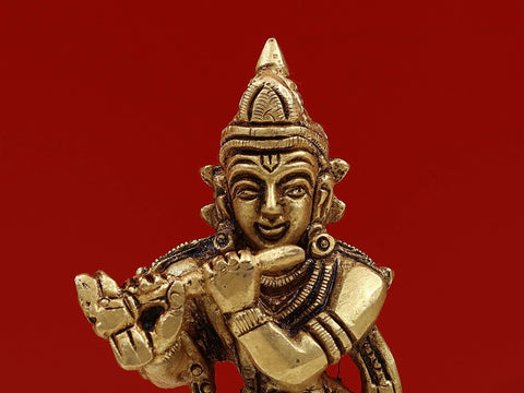 4" Small Brass Lord Krishna Idol Playing Flute