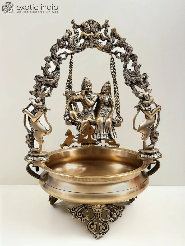 21" Brass Urli with Radha Krishna Swing Statue for Home Decor