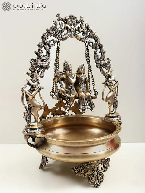21" Brass Urli with Radha Krishna on a Swing