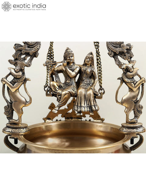 21" Brass Urli with Radha Krishna on a Swing