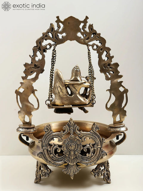 21" Brass Urli with Radha Krishna on a Swing