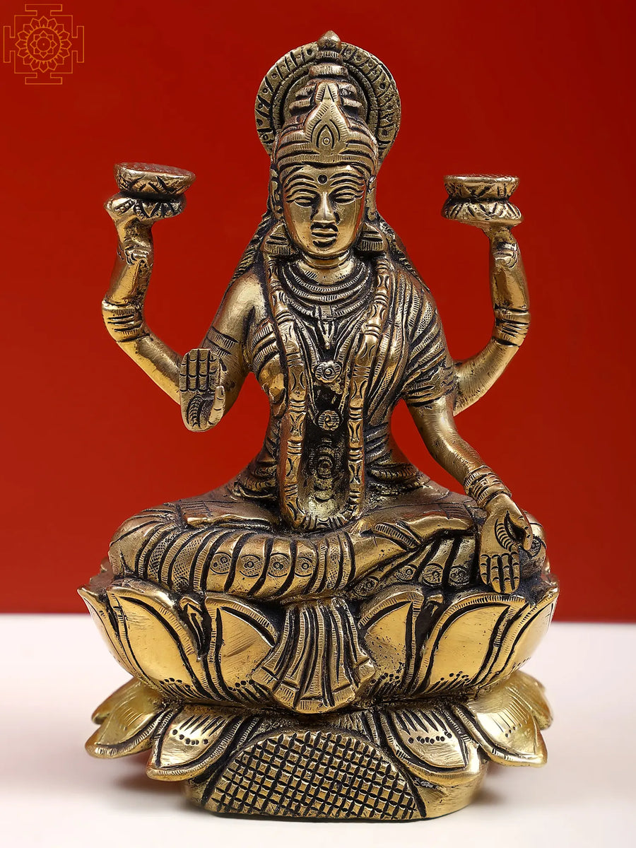 6" Handcrafted Brass Goddess Lakshmi Idol for Pooja