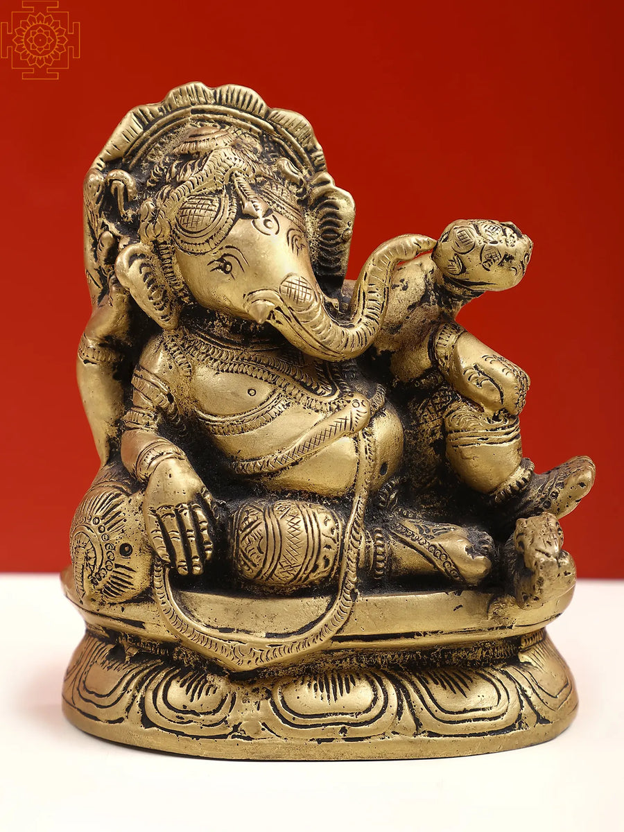 5" Brass Ganesha Relaxing Statue on Pedestal Handmade