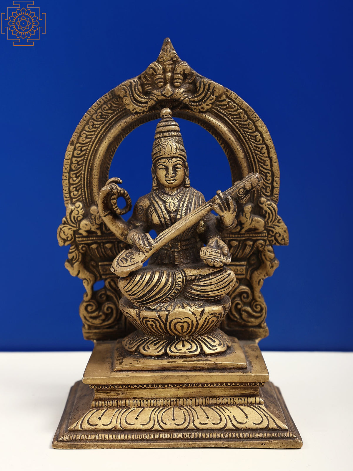 7" Brass Goddess Saraswati Seated on Lotus Pedestal with Kirtimukha Aureole