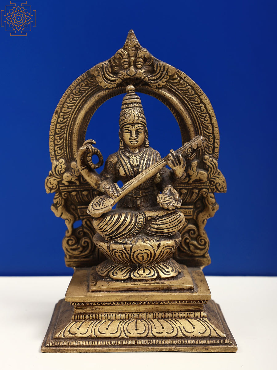 7" Brass Goddess Saraswati Statue with Lotus Pedestal and Kirtimukha
