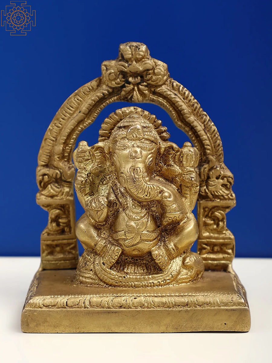4" Small Brass Lord Ganesha Idol with Kirtimukha Prabhavali Handmade