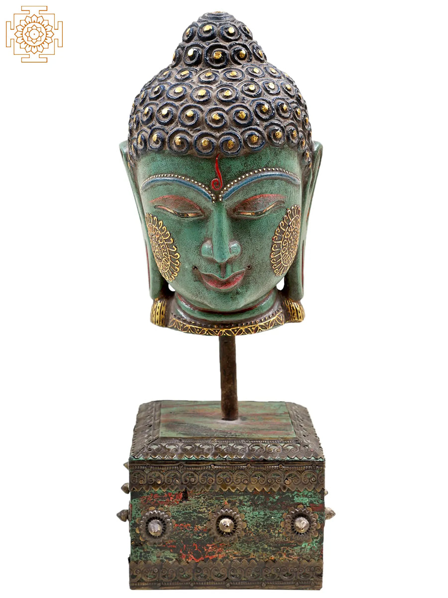 15" Buddha Head Brass Statue on Wooden Stand