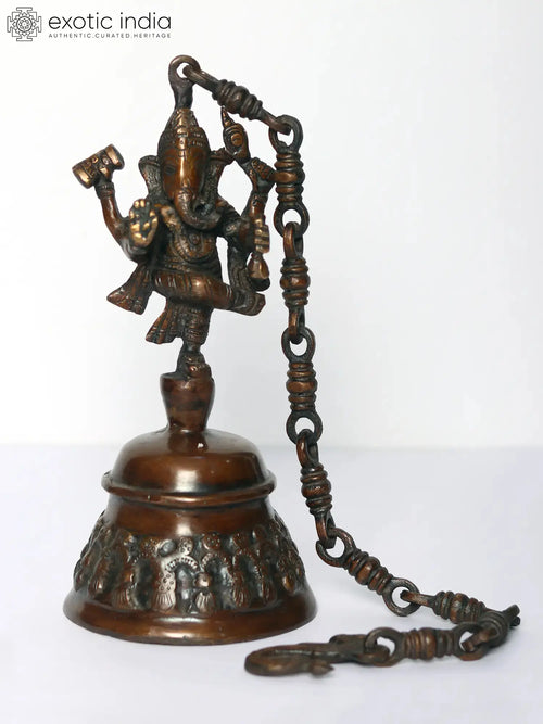 11" Brass Dancing Ganesha Hanging Bell Statue