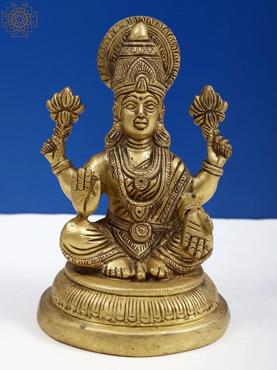 5" Brass Goddess Lakshmi Seated on Pedestal Statue